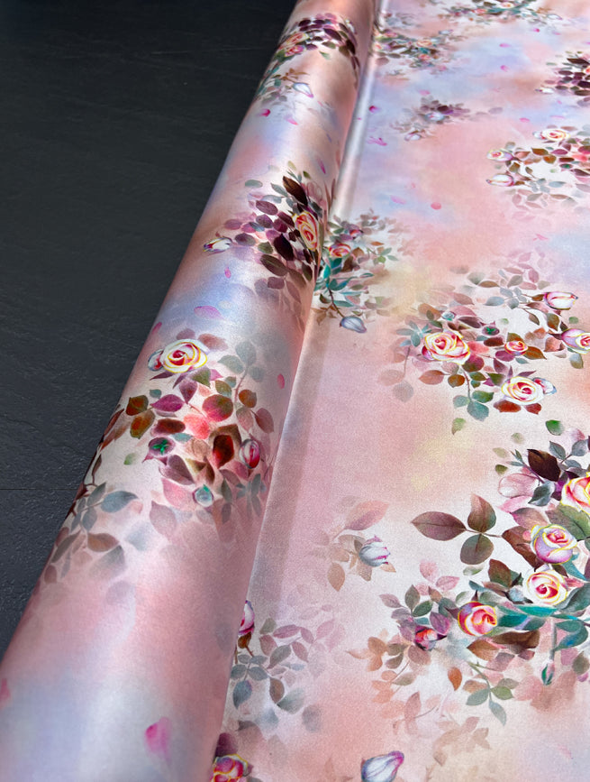 Soft and Smooth Silk Satin Fabric with Rose Printed on Pink Blue 140CM Wide 19MM Satin for DIY Sewing Summer Dress Clothing Pants R348