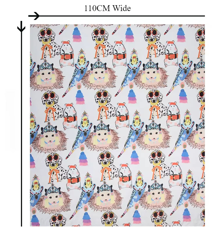 43.3'' Wide 12MM Thin Silk Crepe de Chine Fabric with Cartoon Animal Print for DIY Sewing Summer Dress Pants Blouse Pajamas R1838
