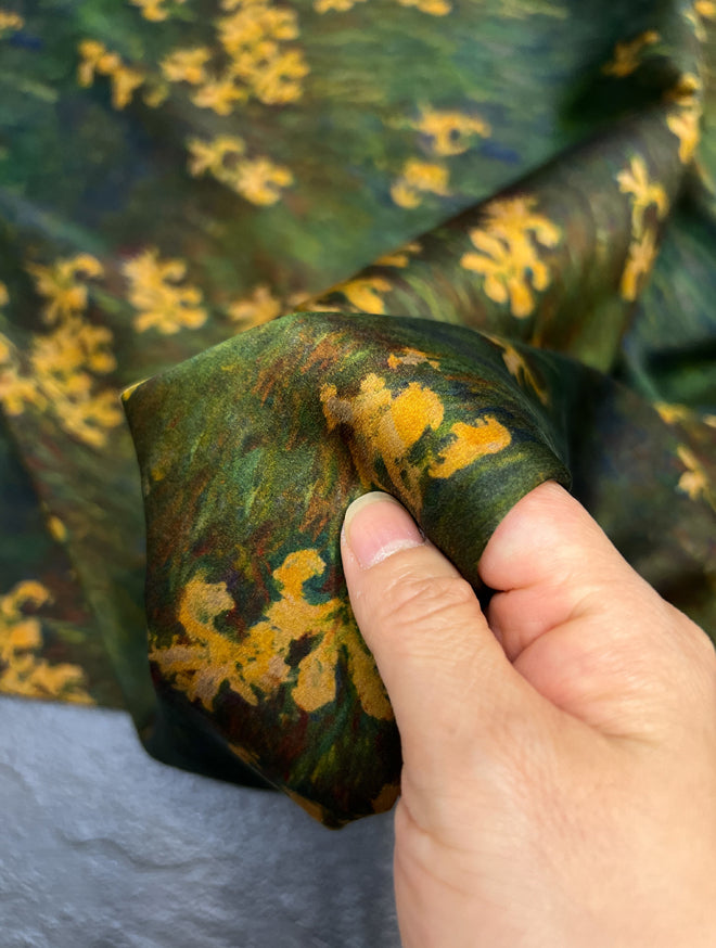 Yellow Floral Printed on Grass Green Gambiered Guangdong Silk Fabric by Yard for Blouse Cheongsam Pants Dressmaking - 47'' Wide 25MM Thickness DIY Sewing Material R391