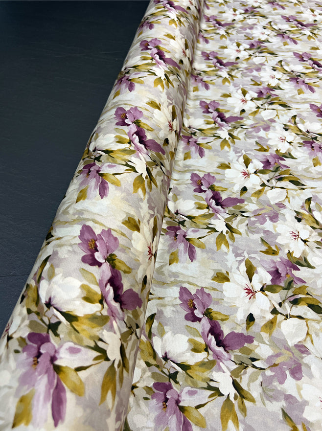 Purple White Floral Printed Silk Fabric for DIY Sewing Dress Blouse Cheongsam - 155'' Wide 19MM Thickness Stretch Silk Spandex Fabric by Yard R412
