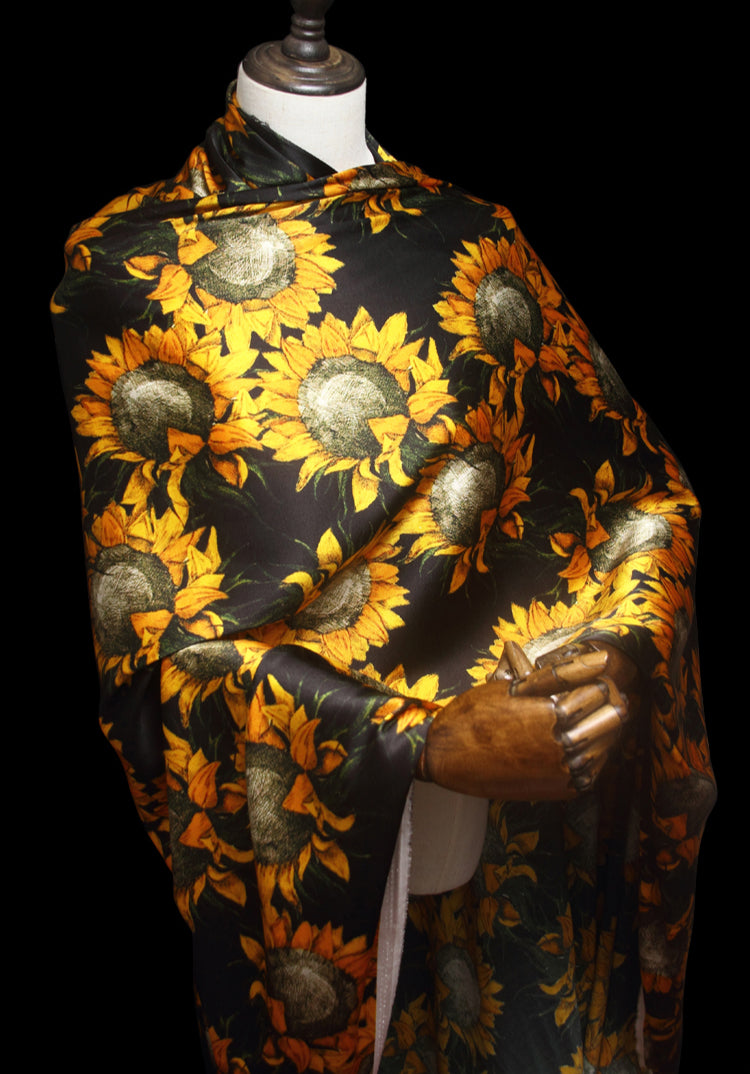 Yellow Sunflower Print 95% Silk & 5% Lycra Strech Silk Satin Fabric for Blouse Dress Clothing Cheongsam 105CM Wide 91G/M,DIY Sewing Material C007