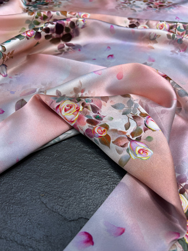 Soft and Smooth Silk Satin Fabric with Rose Printed on Pink Blue 140CM Wide 19MM Satin for DIY Sewing Summer Dress Clothing Pants R348