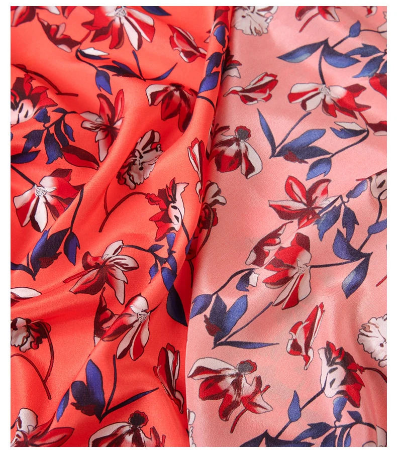 55'' Wide 16MM Floral Print Red Blue Silk Crepe de Chine Fabric for Summer Thin Dress Shirt Clothes Cheongsam DIY Sewing Material Y028