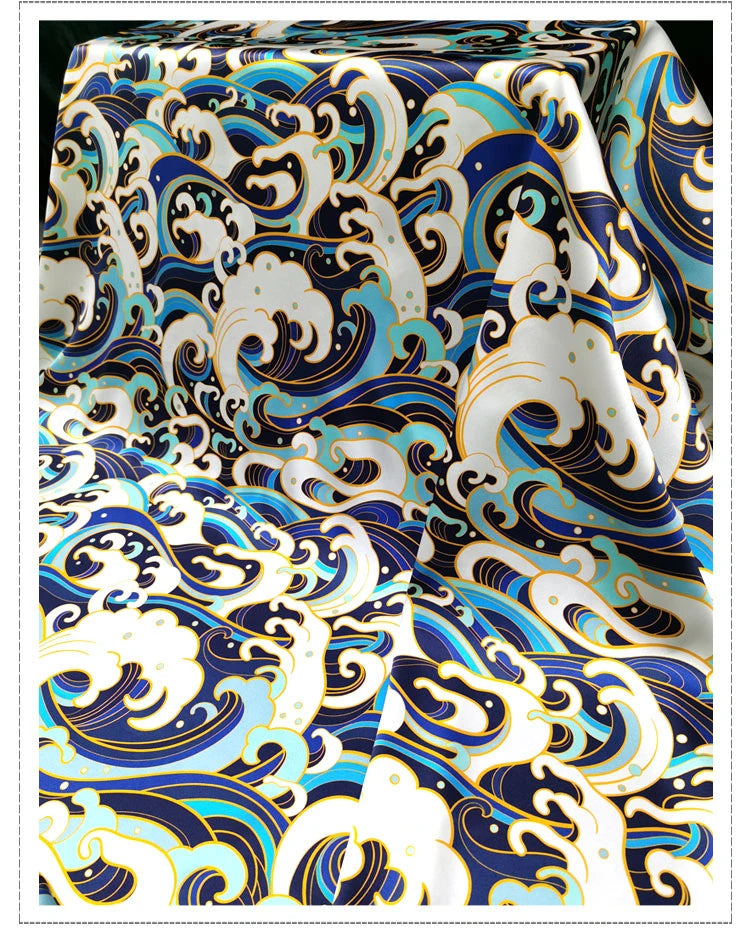 120CM Wide 19MM Blue Wave Print 93% Silk 7% Spandex Stretch Silk Satin Fabric for Smooth Dress Cheongsam,DIY Sewing Material D1156