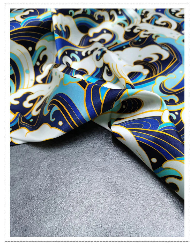 120CM Wide 19MM Blue Wave Print 93% Silk 7% Spandex Stretch Silk Satin Fabric for Smooth Dress Cheongsam,DIY Sewing Material D1156