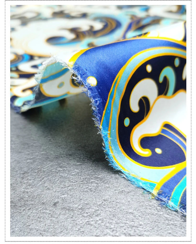 120CM Wide 19MM Blue Wave Print 93% Silk 7% Spandex Stretch Silk Satin Fabric for Smooth Dress Cheongsam,DIY Sewing Material D1156