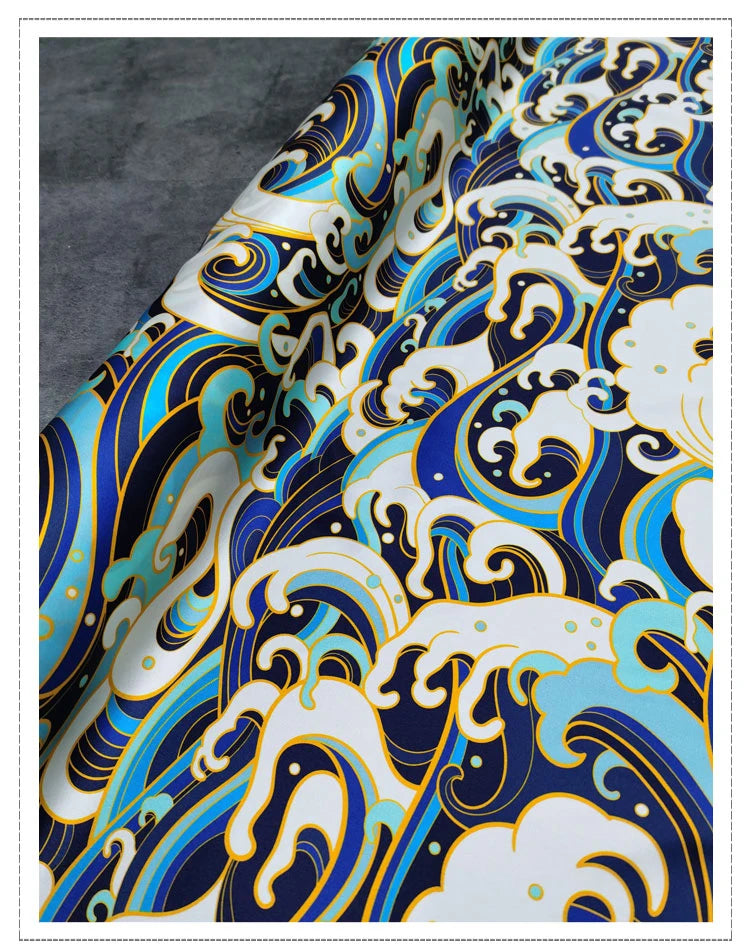 120CM Wide 19MM Blue Wave Print 93% Silk 7% Spandex Stretch Silk Satin Fabric for Smooth Dress Cheongsam,DIY Sewing Material D1156