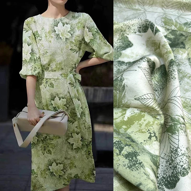 Breathable Stretch Silk Spandex Fabric 140CM Wide 19MM Silk Satin for Dressmaking DIY Material With Leaves Prints Green R349
