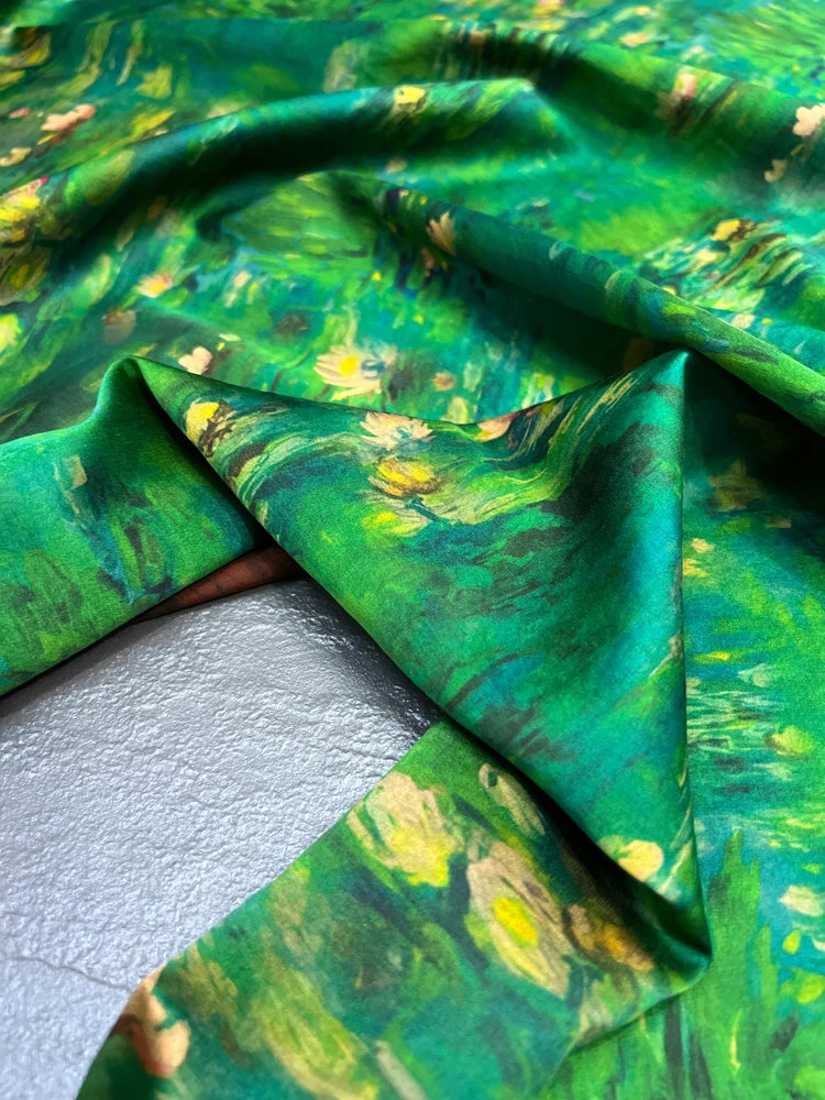 Lotus Print on Green Gambiered Guangdong Gauze Silk Fabric for Summer Stretch Jacket Dress Pants,47'' Wide 25MM Red Cloud Yarn Fabric,DIY Sewing Material E1549