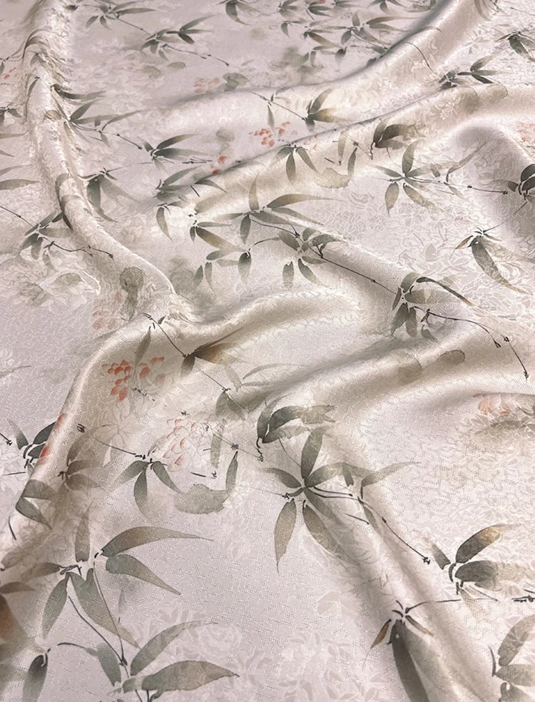 Chinese Style White Ink Bamboo on Light Pink Silk Fabric 45'' Wide 22MM Thickness Cheongsam Dress Pants Summer Jacquard Silk Fabric by Yard DIY Sewing Material D1671