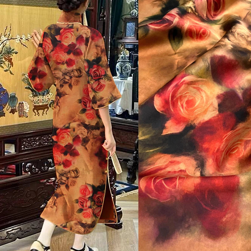 Stretch Gambiered Gauze Silk Fabric with Red Rose Printed Design for Cheongsam Horse Face Skrit Dress Pants 47'' Wide 25MM Thick,DIY Sewing Material E1563
