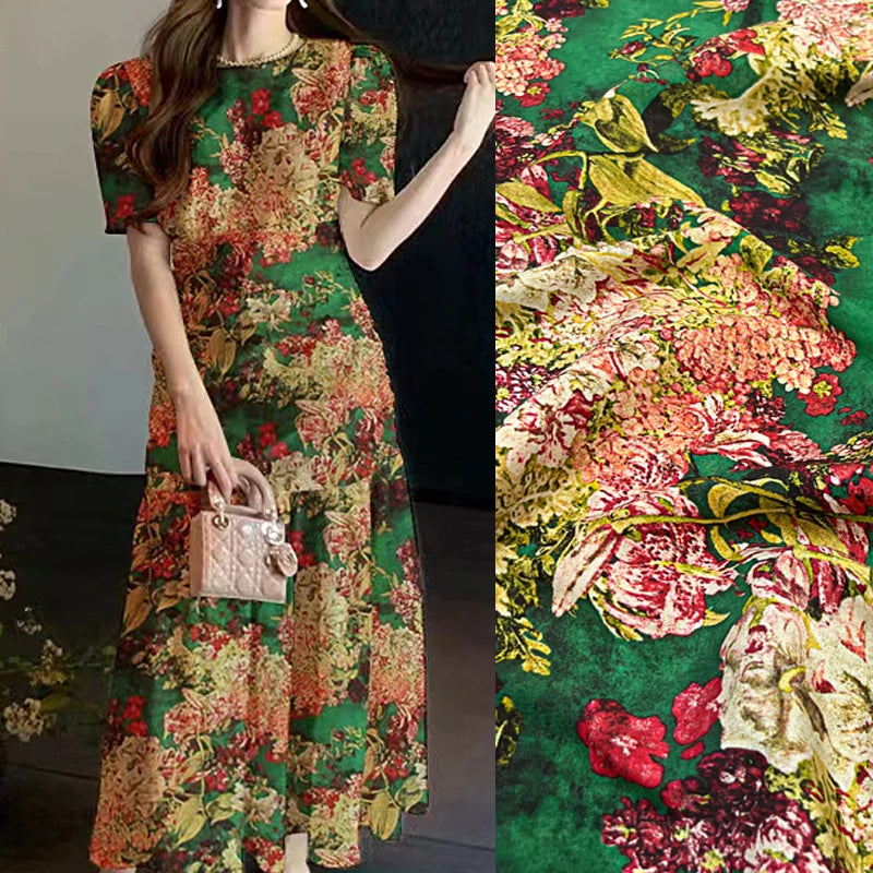 Brilliant Floral Printed on Green,140CM Wide 18MM Silk Crepe de Chine Fabric,Stretch Thin Summer Pants Dress Soft Fabric DIY Sewing Material D1618
