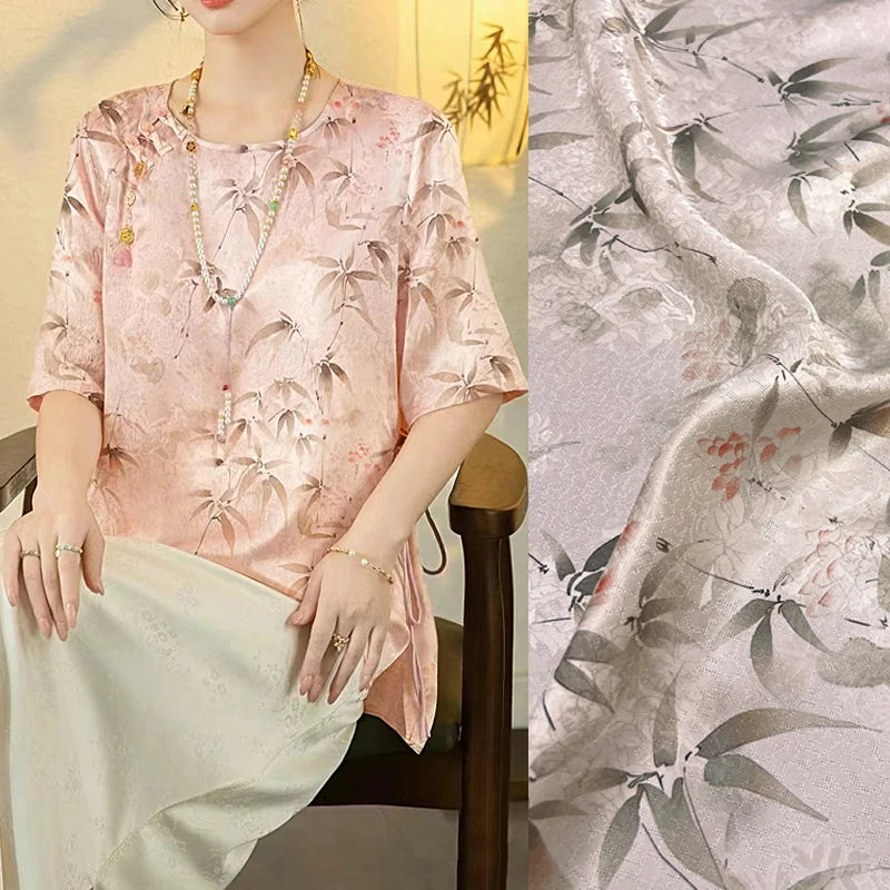 Chinese Style White Ink Bamboo on Light Pink Silk Fabric 45'' Wide 22MM Thickness Cheongsam Dress Pants Summer Jacquard Silk Fabric by Yard DIY Sewing Material D1671
