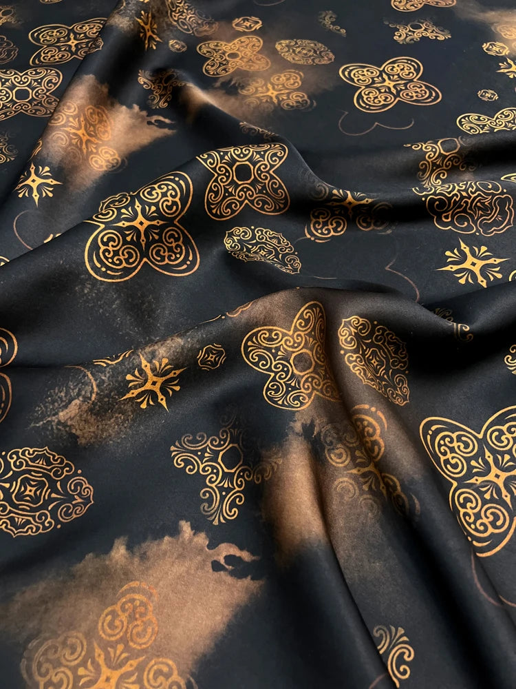 47'' Wide 25MM Thick Gambiered Gauze Silk Fabric with Chinese Style Geometry Printed Design for Stretch Cheongsam Horse Face Skrit Dress,DIY Sewing Material E1566
