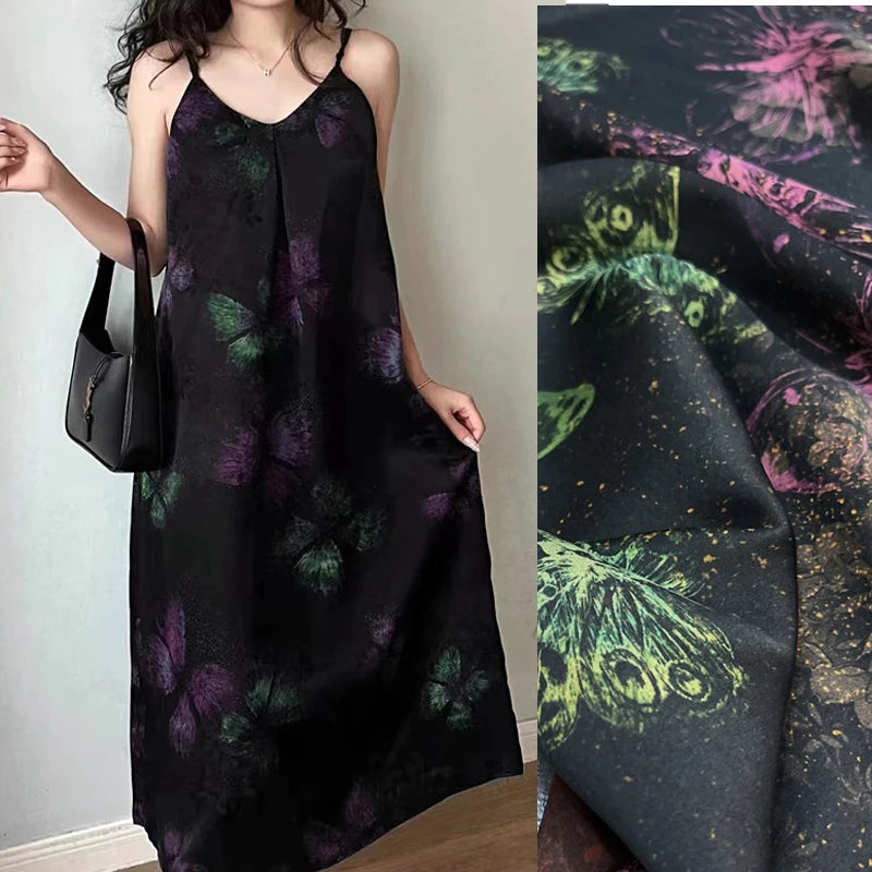 Magic Green Pink Butterfly on Black Gambiered Guangdong Silk Fabric for DIY Sewing Blouse Cheongsam Dressmaking-47'' Wide 25MM Thickness R396