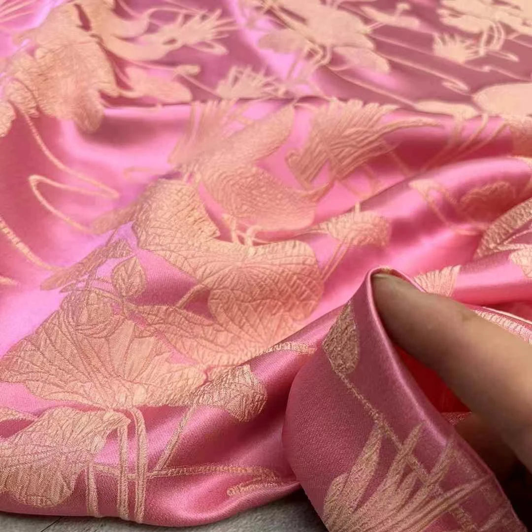 55'' Wide 28MM Lotus Leaves Jacquard Silk Fabric for Spring Summer Pink Horse-faced Dress Jacket DIY Sewing Material R1891