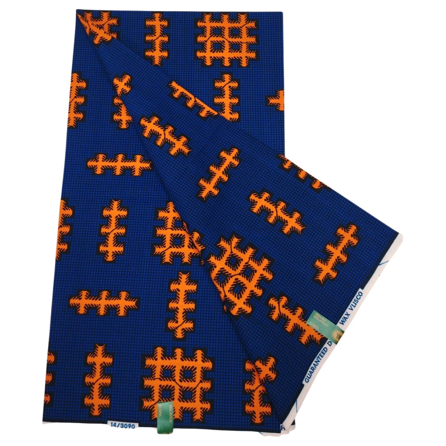Blue African Wax Batik Fabric with Orange Cross Print 6 Yards Long Cotton Sewing Material for DIY Cushion Summer Clothes R1259