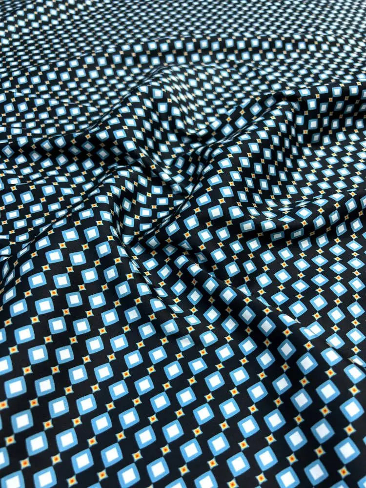 55'' Wide-20MM Thickness-Blue Rhombus Printed Twill Silk Fabric for Summer Shirt Pants Dress-Stretch Comfortable Silk Fabric by Yard DIY Sewing Material D1635