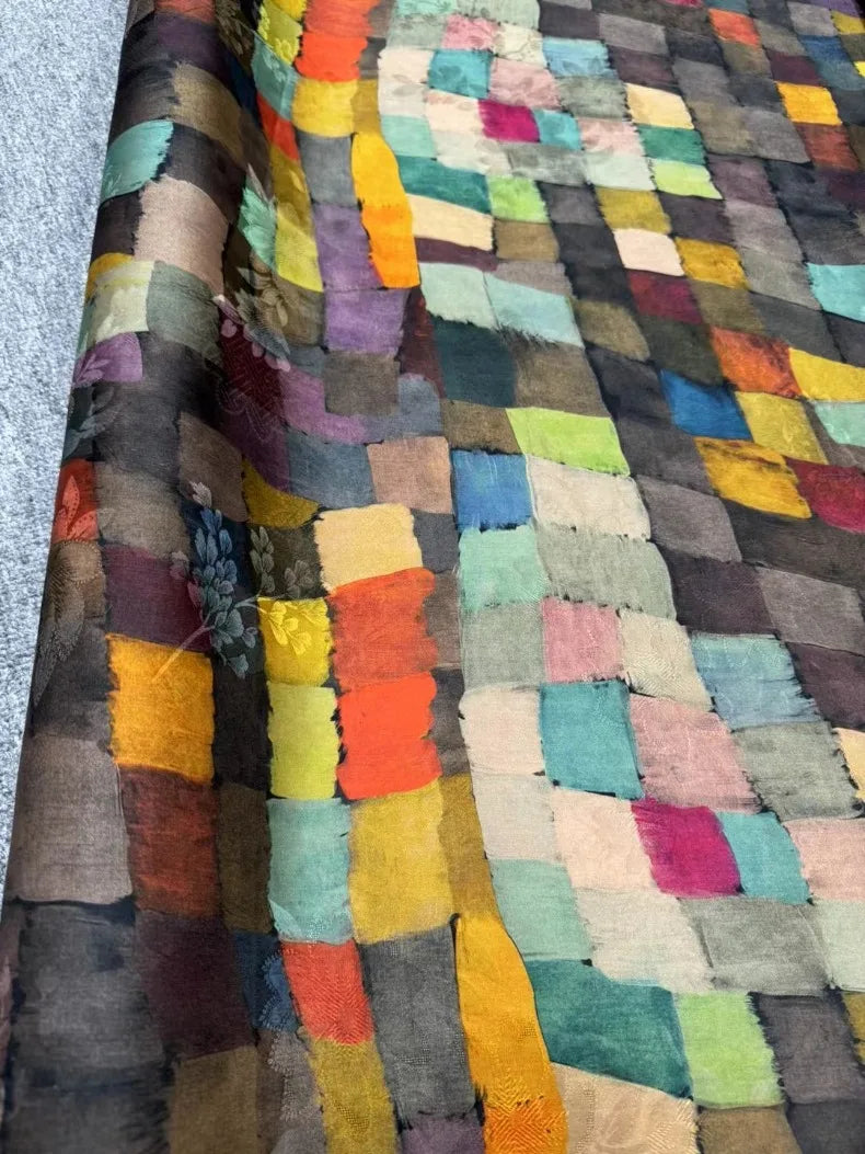 New Chinese Style Cheongsam Dress Pants Oil Painting Colorful Block Grid Radish Red Cloud Yarn Silk Fabric 45'' Wide 25MM Thick DIY Sewing Material R1204