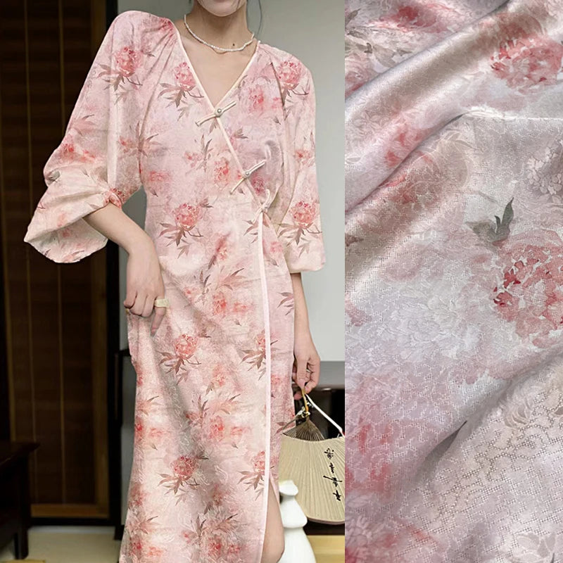 Gorgeous Pink Hibiscus Silk Fabric 45'' Wide 22MM Thickness New Chinese Style Cheongsam Dress Pants Summer Jacquard Silk Fabric by Yard DIY Sewing Material D1673
