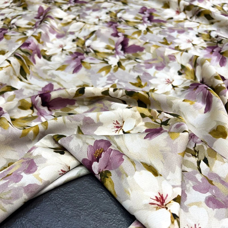 Purple White Floral Printed Silk Fabric for DIY Sewing Dress Blouse Cheongsam - 155'' Wide 19MM Thickness Stretch Silk Spandex Fabric by Yard R412