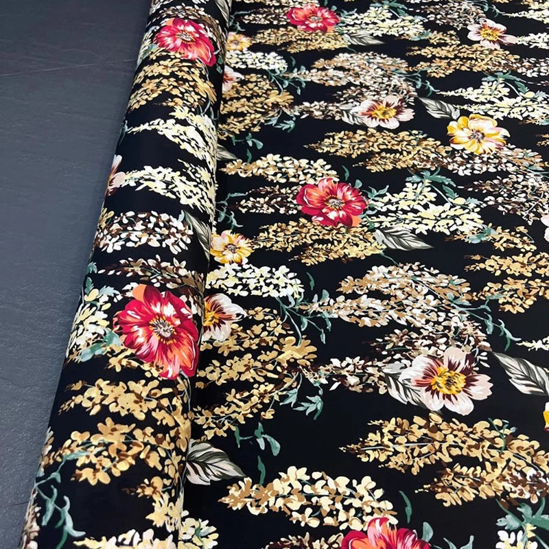 Silk Spandex Fabric Crepe De Chine 18m/m Silk Fabric for Sewing by 1 Yard (Yellow Red Floral Print on Black) DIY Summer Thin Dress Pajamas Pants Material D1319