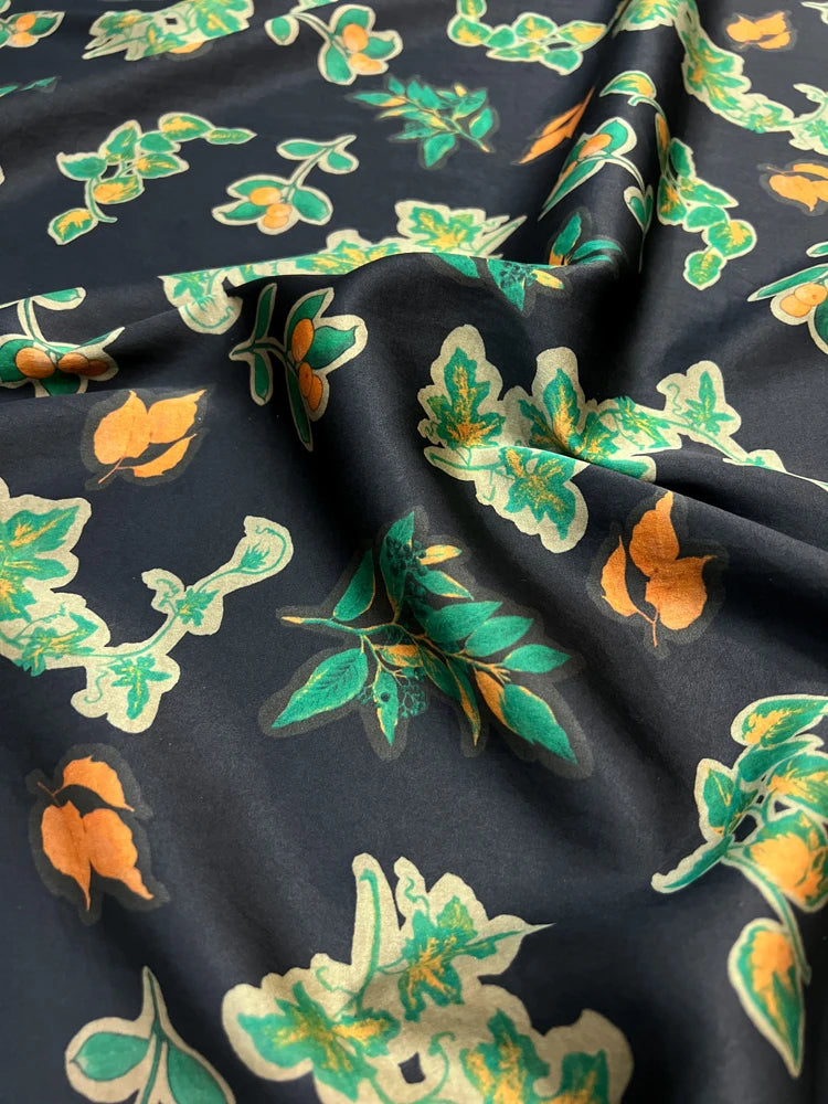47'' Wide 25MM Thick Gambiered Gauze Silk Fabric with Green Leaves on Black Printed Design for Cheongsam Horse Face Skrit Dress DIY Sewing Material By Yard E1570