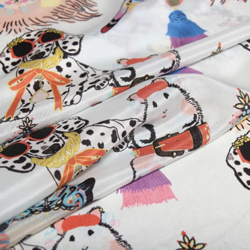 43.3'' Wide 12MM Thin Silk Crepe de Chine Fabric with Cartoon Animal Print for DIY Sewing Summer Dress Pants Blouse Pajamas R1838