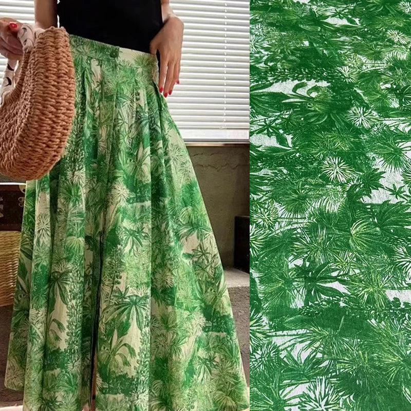 55'' Wide 15.5MM Green Printed 30% Silk 70% Linen Fabric by Yard for Summer Shirt Dress A Little Transparent and Hard Fabric DIY Sewing Material D1328