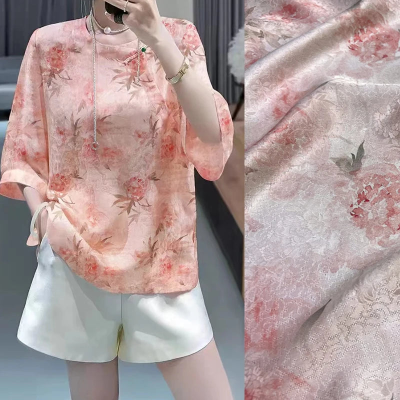 Gorgeous Pink Hibiscus Silk Fabric 45'' Wide 22MM Thickness New Chinese Style Cheongsam Dress Pants Summer Jacquard Silk Fabric by Yard DIY Sewing Material D1673