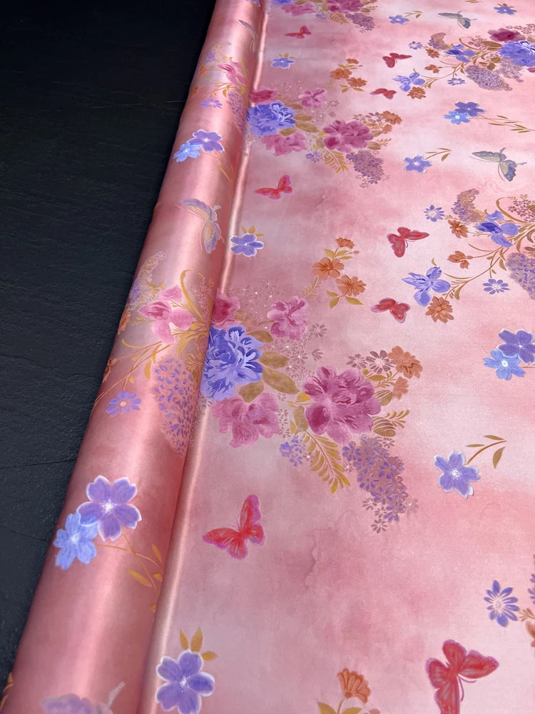 Jacquard Silk Fabric by Yard -55'' Wide-26MM Thickness-Perfect for Summer Shirt Dress Cheongsam Floral Butterfly Print on Pink Silk Fabric DIY Sewing Material D1463