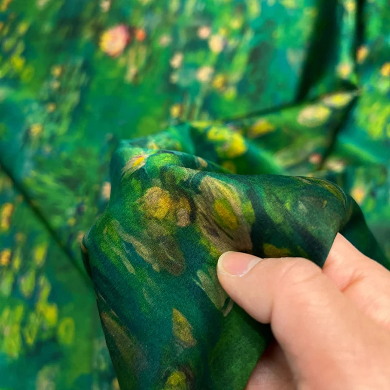 Lotus Print on Green Gambiered Guangdong Gauze Silk Fabric for Summer Stretch Jacket Dress Pants,47'' Wide 25MM Red Cloud Yarn Fabric,DIY Sewing Material E1549