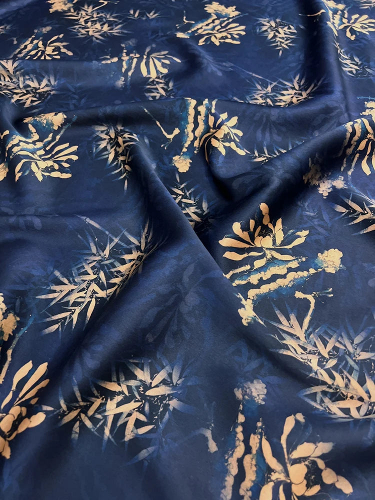 Gambiered Gauze Silk Fabric with Floral on Dark Blue Printed Design for Cheongsam Horse Face Skrit Dress,47'' Wide 25MM,Stretch DIY Sewing Material E1558