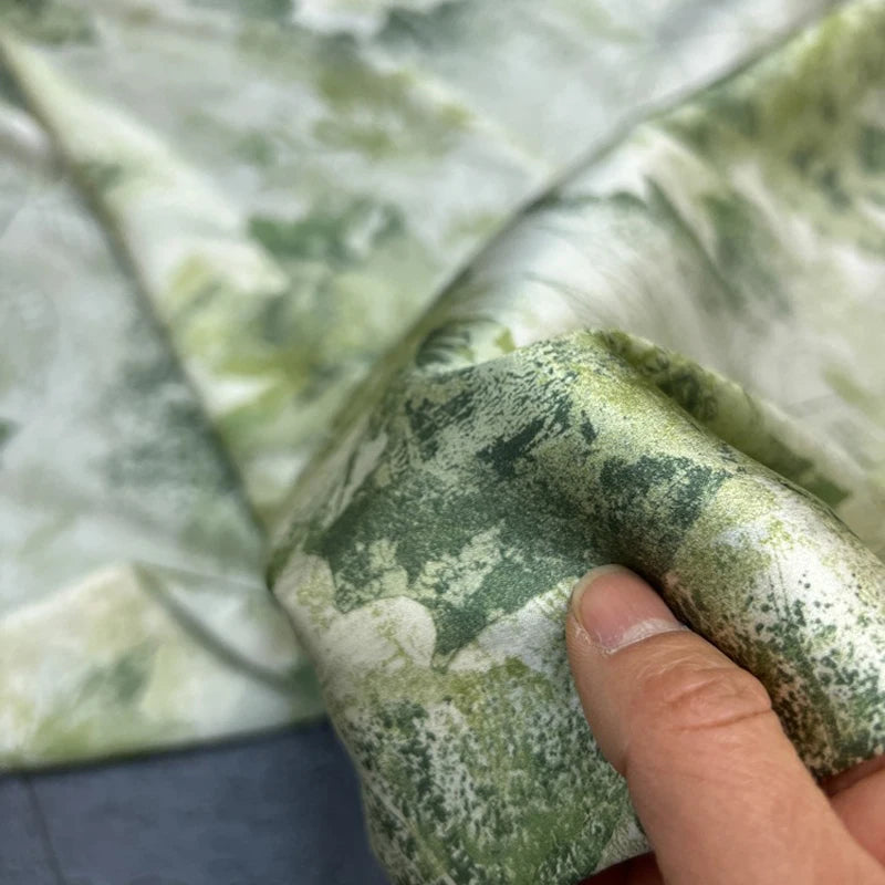 Breathable Stretch Silk Spandex Fabric 140CM Wide 19MM Silk Satin for Dressmaking DIY Material With Leaves Prints Green R349