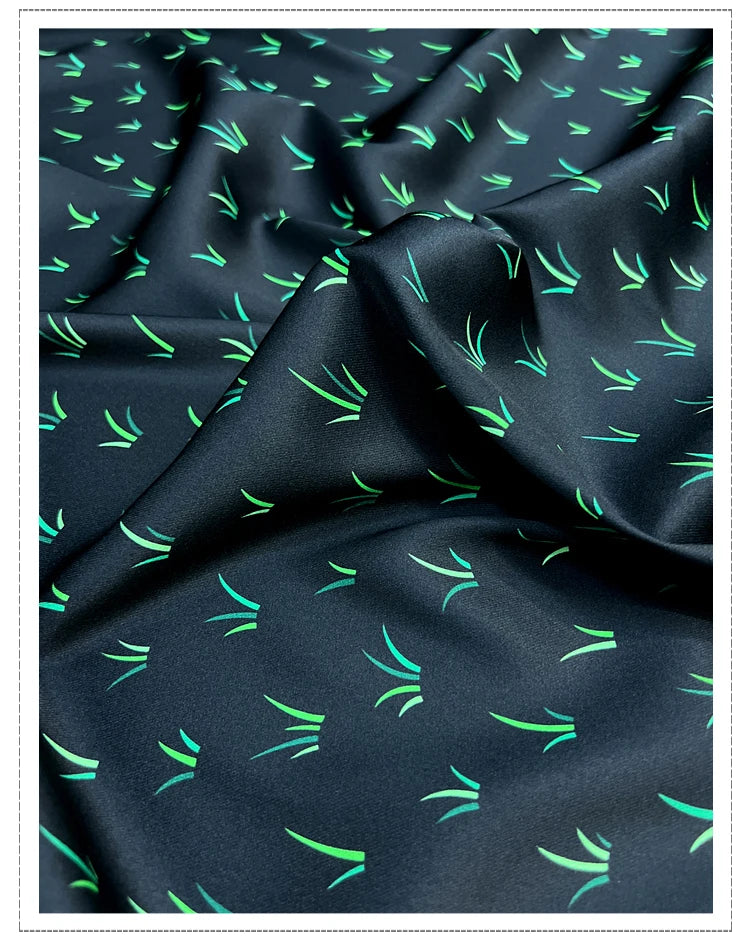 55'' Wide 20MM Thickness Stretch Grass Printed Black Twill Silk Fabric by Yard for Summer Spring Plants Blouse Dress Cheongsam DIY Sewing Material D1163