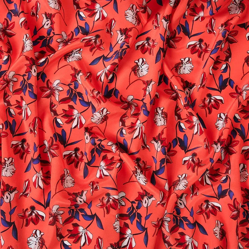 55'' Wide 16MM Floral Print Red Blue Silk Crepe de Chine Fabric for Summer Thin Dress Shirt Clothes Cheongsam DIY Sewing Material Y028