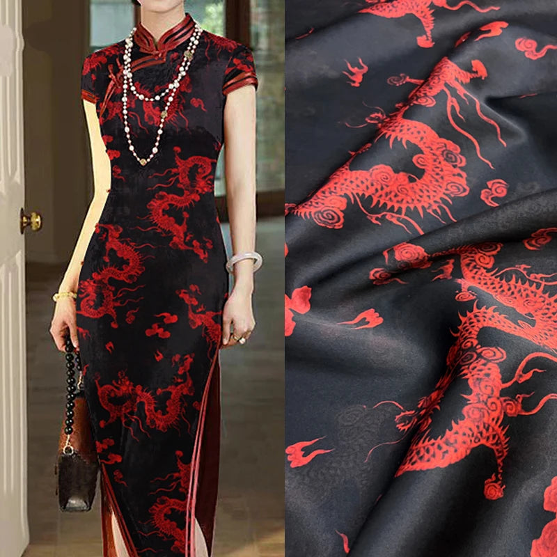 47'' Width 25MM Thick Gambiered Gauze Silk Fabric with Red Chinese Dragon Print on Black Design for Cheongsam Horse Face Skrit Dress Pants,DIY Sewing Material E1562