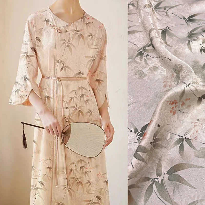Chinese Style White Ink Bamboo on Light Pink Silk Fabric 45'' Wide 22MM Thickness Cheongsam Dress Pants Summer Jacquard Silk Fabric by Yard DIY Sewing Material D1671