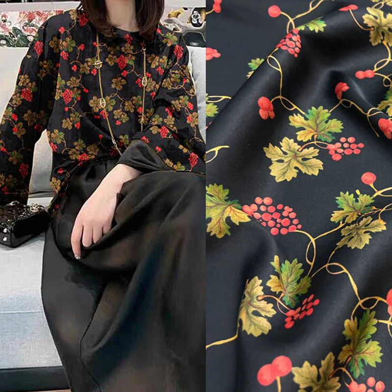 47'' Wide 25MM Thickness Gambiered Gauze Silk Fabric Red Fruites Print on Black Design for Cheongsam Horse Face Skrit Dress Pants Summer DIY Sewing Material by Yard E1592