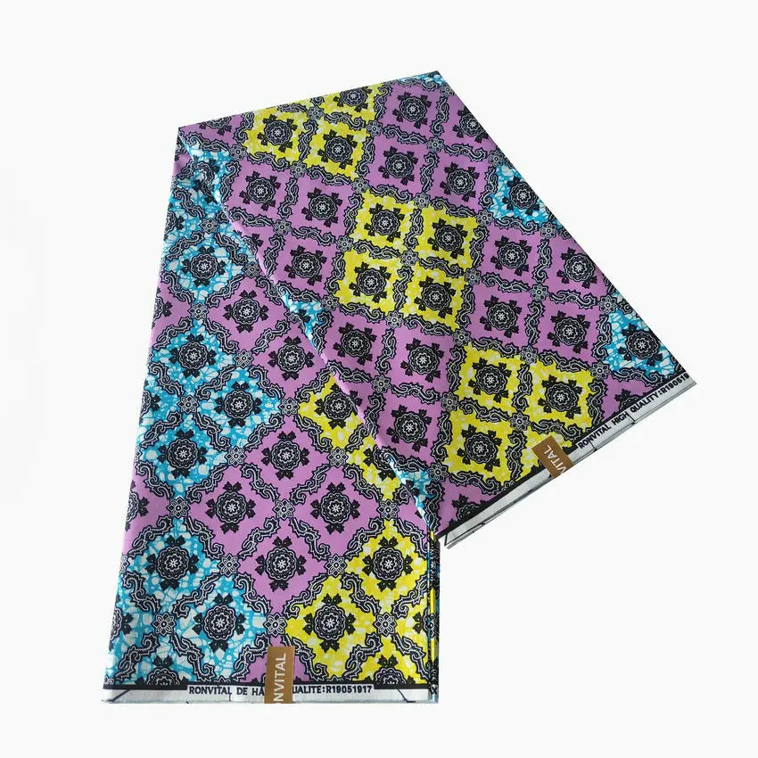 115cm Wide 6 Yards Long African Yellow Purple Blue Geometry Printed Wax Fabric,Cotton Batik Fabric for DIY Sewing Clothes Sofa R751