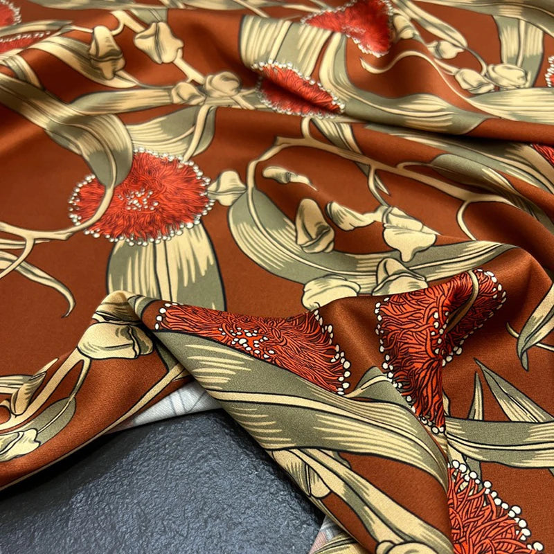 Soft Silk Threaded Satin Fabric by Yard with Floral Printed on Brick Red 140CM Wide 20MM Silk Fabric for Summer Clothing Dress Pants DIY Sewing Material R373