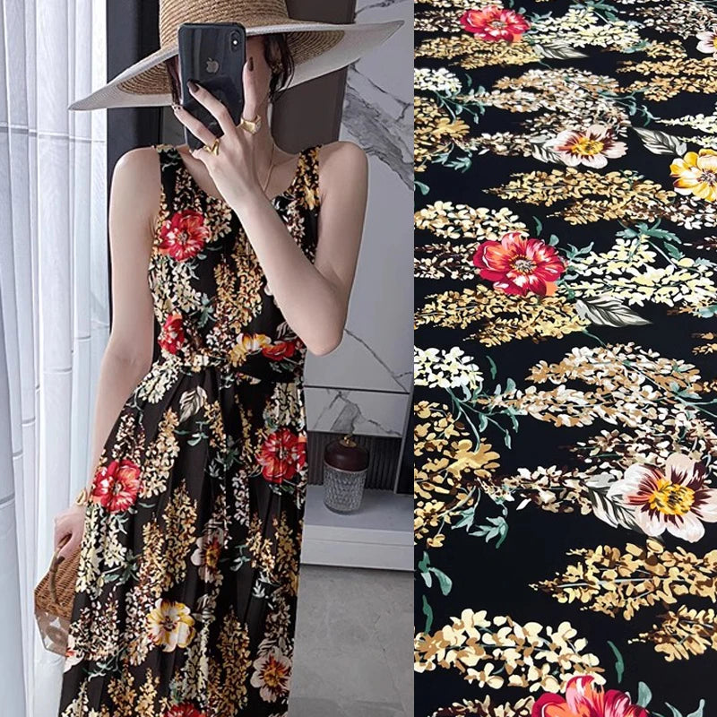 Silk Spandex Fabric Crepe De Chine 18m/m Silk Fabric for Sewing by 1 Yard (Yellow Red Floral Print on Black) DIY Summer Thin Dress Pajamas Pants Material D1319
