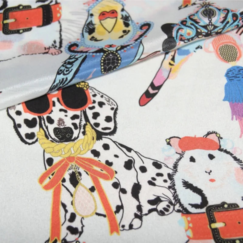43.3'' Wide 12MM Thin Silk Crepe de Chine Fabric with Cartoon Animal Print for DIY Sewing Summer Dress Pants Blouse Pajamas R1838