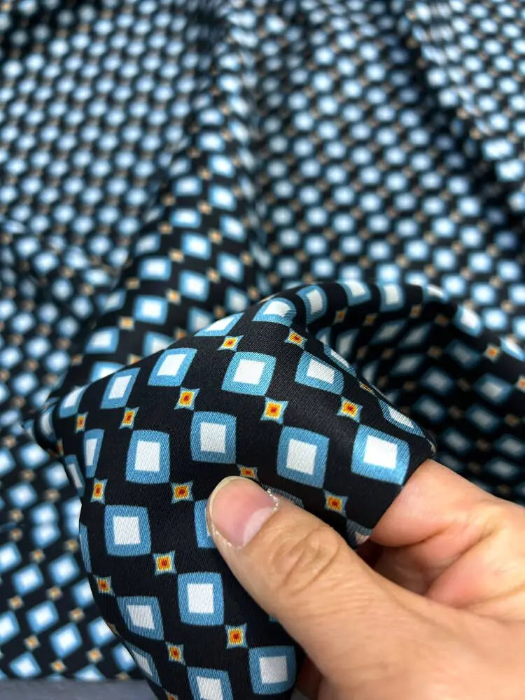 55'' Wide-20MM Thickness-Blue Rhombus Printed Twill Silk Fabric for Summer Shirt Pants Dress-Stretch Comfortable Silk Fabric by Yard DIY Sewing Material D1635