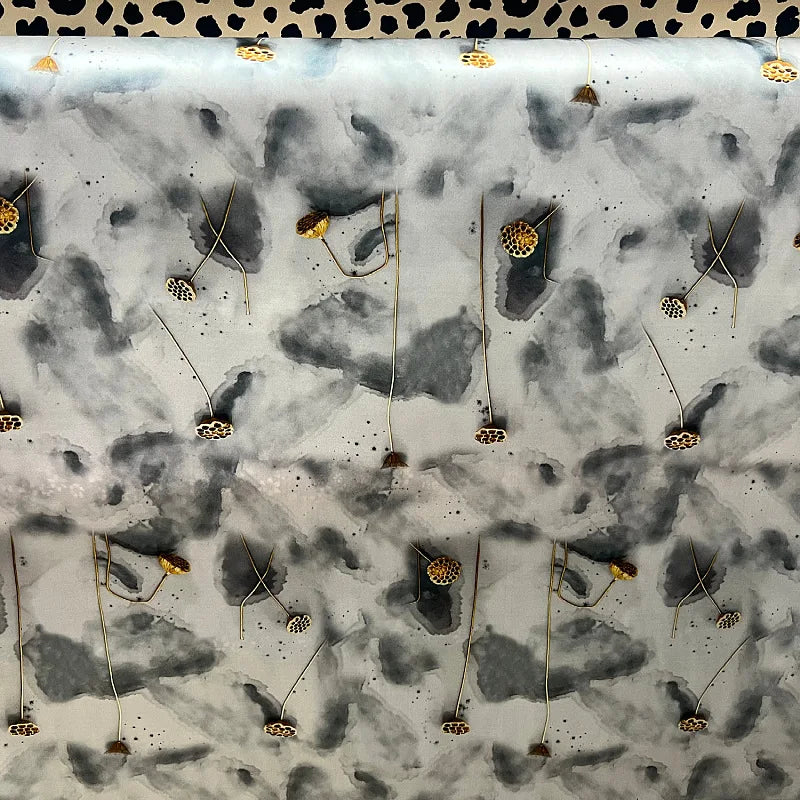 Golden Lotus Print Silk Satin Fabric - Smooth Blue Silk Fabric with 140CM Width 19MM-Good for Cheongsam Dress Pants R186