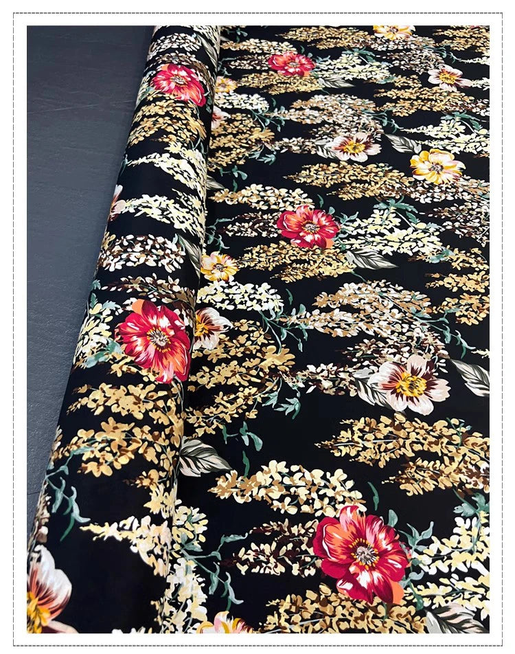 Silk Spandex Fabric Crepe De Chine 18m/m Silk Fabric for Sewing by 1 Yard (Yellow Red Floral Print on Black) DIY Summer Thin Dress Pajamas Pants Material D1319