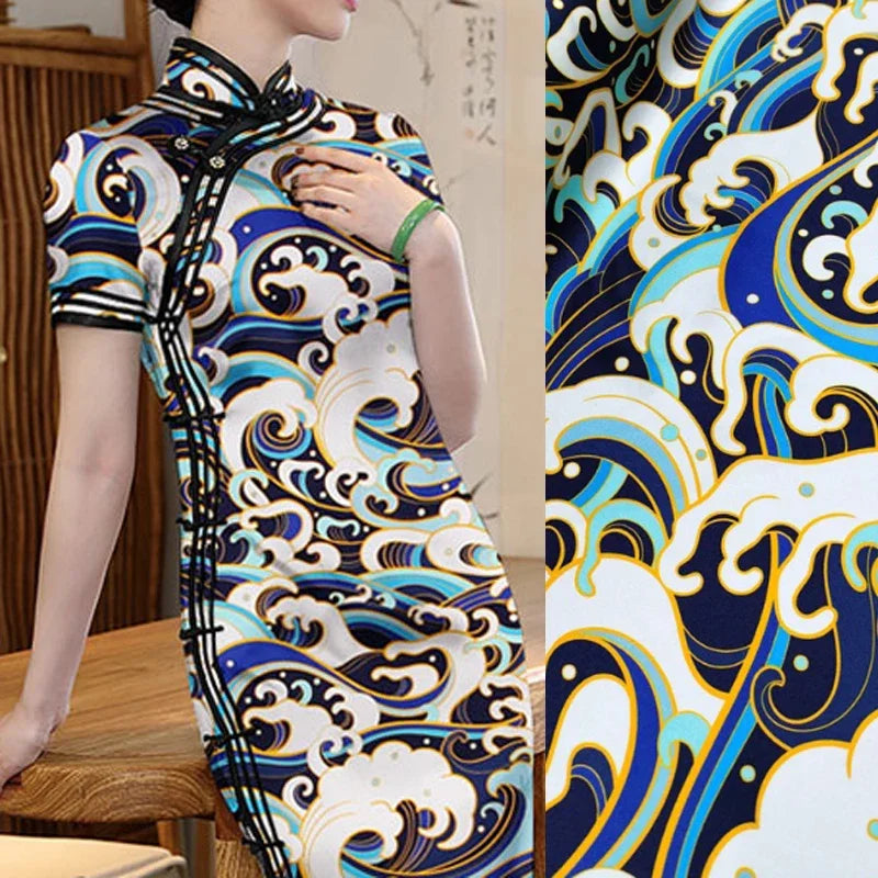 120CM Wide 19MM Blue Wave Print 93% Silk 7% Spandex Stretch Silk Satin Fabric for Smooth Dress Cheongsam,DIY Sewing Material D1156
