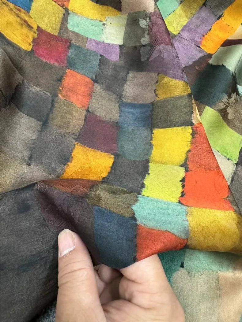 New Chinese Style Cheongsam Dress Pants Oil Painting Colorful Block Grid Radish Red Cloud Yarn Silk Fabric 45'' Wide 25MM Thick DIY Sewing Material R1204