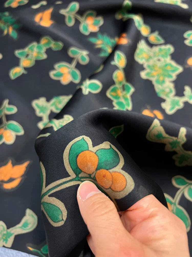 47'' Wide 25MM Thick Gambiered Gauze Silk Fabric with Green Leaves on Black Printed Design for Cheongsam Horse Face Skrit Dress DIY Sewing Material By Yard E1570