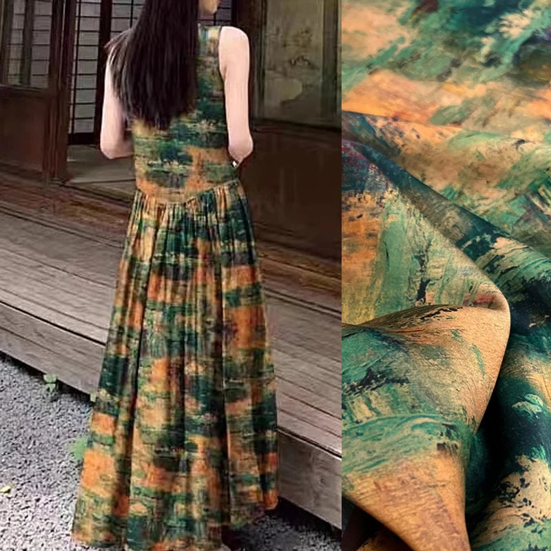 47'' Width 25MM Thickness Soft and Comfortable Gambiered Guangdong Silk Fabric Material by Yard with Water Lily Print for DIY Sewing Spring Summer Blouse Cheongsam Dressmaking R388